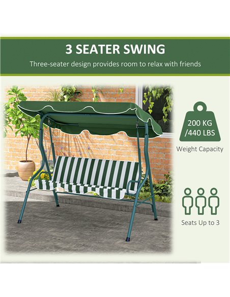 Outsunny 3 Seater Garden Swing Seat Chair Outdoor Bench with Adjustable Canopy and Metal Frame, Green Stripes 84A-118V01GN - pic 46125 | FastDaddyshop