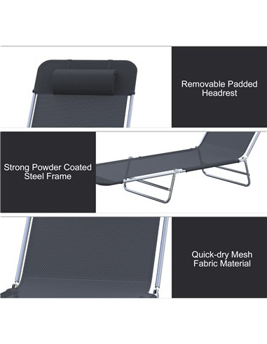Outsunny Sun Bed Chair Garden Lounger Outdoor Patio Chaise Portable Recliner Adjustable Back Relaxer Chair Furniture Light Black