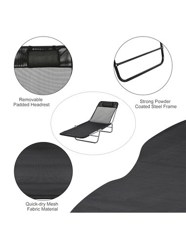 Outsunny Sun Bed Chair Garden Lounger Outdoor Patio Chaise Portable Recliner Adjustable Back Relaxer Chair Furniture Light Black