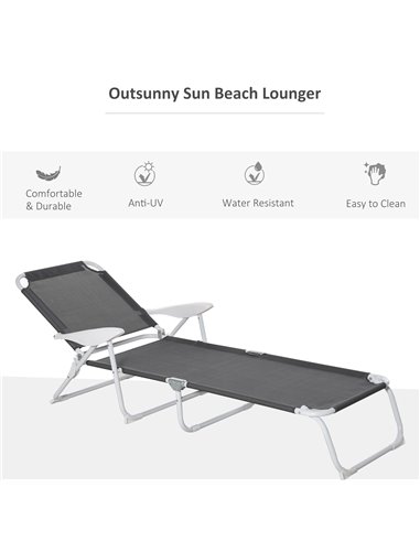Outsunny Reclining Lounge Chair with 4-Level Adjustable Backrest Folding Sun Beach Lounger for Patio Garden Grey 84B-438CG