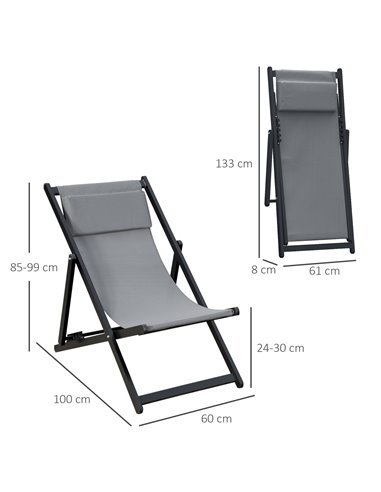 Outsunny Set of 2 Folding Garden Beach Aluminium Frame Chairs, Grey 84B-342V71CG