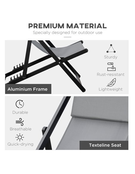 Outsunny Set of 2 Folding Garden Beach Aluminium Frame Deck Chairs Deckchairs Seaside Folding Garden Patio Lounger, Grey 84B-342 - pic 46386 | FastDaddyshop