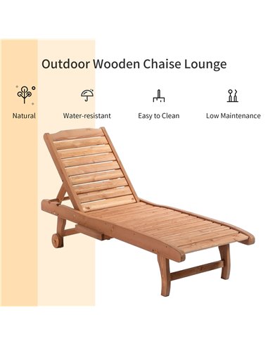 Outsunny Outdoor Wooden Lounger Chair, Sun Bed with Built-In Table, Adjustable Backrest and Wheels, Red Brown 84B-164