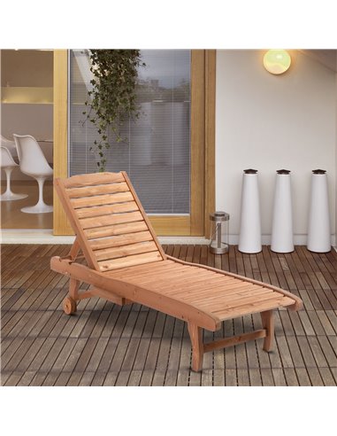 Outsunny Outdoor Wooden Lounger Chair, Sun Bed with Built-In Table, Adjustable Backrest and Wheels, Red Brown 84B-164