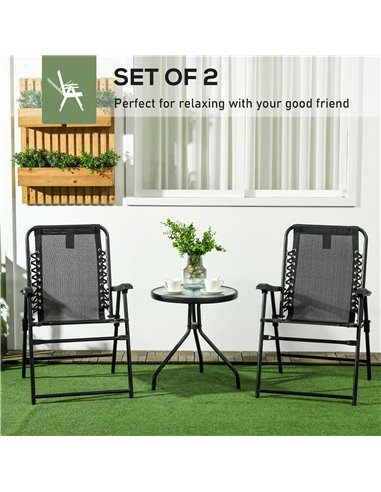 Outsunny 2 Pcs Patio Folding Chair Set, Outdoor Portable Loungers for Camping Pool Beach Deck, Lawn w/ Armrest Steel Frame Black