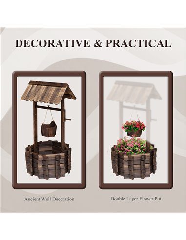 Outsunny Wooden Wishing Well Planter Outdoor Flower Pot Backyard Garden Decor w/ Bucket 844-130