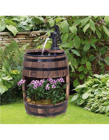 Outsunny Wood Barrel Patio Water Fountain Electric Pump Garden Decorative Ornament with Flower Planter Decor 844-218V01