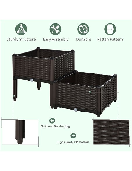 Outsunny Set of 2 Garden Raised Bed Elevated Patio Flower Plant Planter Box PP Vegetables Planting Container, Brown 845-290V01 - pic 46610 | FastDaddyshop