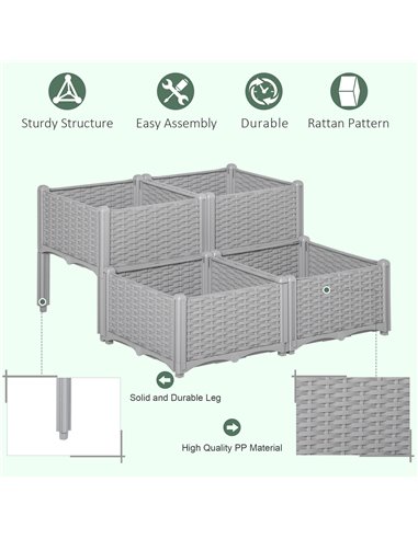 Outsunny Set of 4 Garden Raised Bed Elevated Patio Flower Plant Planter Box PP Vegetables Planting Container, Grey 845-290V02GY