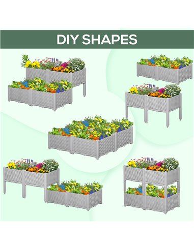 Outsunny Set of 4 Garden Raised Bed Elevated Patio Flower Plant Planter Box PP Vegetables Planting Container, Grey 845-290V02GY