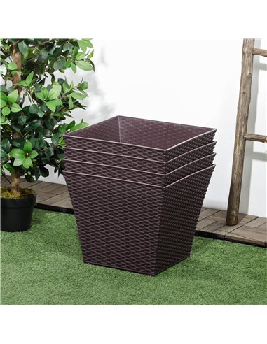 Outsunny Outdoor Planter Pack of 4, Rattan Effect Plant Pots Indoor Stackable Design, for Garden Patio Porch Deck, Brown 845-822
