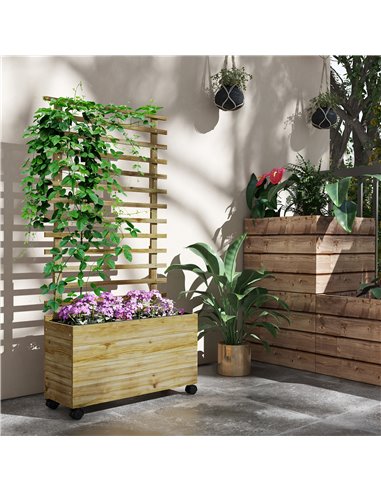 Outsunny Wooden Garden Raised Bed with Trellis, Planter Box with 4 Wheels for Climbing Plants, 76x30x155cm, Natural 845-584V00ND