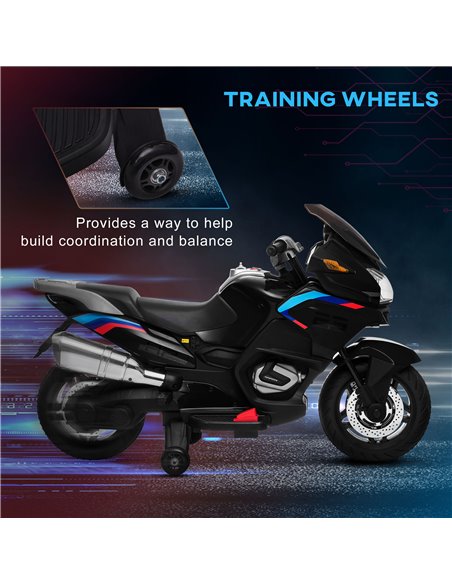 HOMCOM Kids Electric Motorbike, with Training Wheels, Lights, Music, for Ages 3-8 Years - Black - pic 4719 | FastDaddyshop