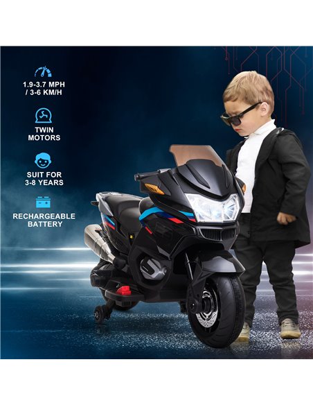 HOMCOM Kids Electric Motorbike, with Training Wheels, Lights, Music, for Ages 3-8 Years - Black - pic 4722 | FastDaddyshop