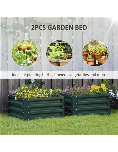 Outsunny Set of 2 Raised Garden Bed, Outdoor Elevated Galvanised Planter Box for Flowers, Herbs, 60x60x30.5cm, Green 845-041V01G