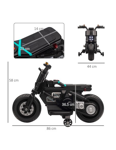 HOMCOM Kids Electric Motorbike with Siren, Horn, Headlights, Music, Training Wheels, for Ages 3-5 Years - Black - pic 4725 | FastDaddyshop
