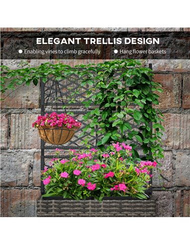 Outsunny 22L Garden PE Rattan Planter w/ Trellis, Free Standing Flower Raised Bed w/ 2 Plant Boxes for Climbing Plants, 57x30x10