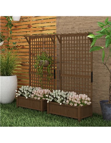 Outsunny 2 Pcs Raised Bed with Drainage Holes, Wood Planter with Trellis for Climbing Plants to Grow Vegetables, Flowers, Brown 