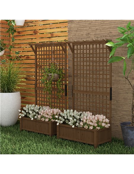 Outsunny 2 Pcs Raised Bed with Drainage Holes, Wood Planter with Trellis for Climbing Plants to Grow Vegetables, Flowers, Brown  - pic 47291 | FastDaddyshop