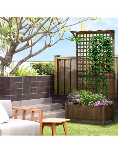 Outsunny 2 Pcs Raised Bed with Drainage Holes, Wood Planter with Trellis for Climbing Plants to Grow Vegetables, Flowers, Brown 