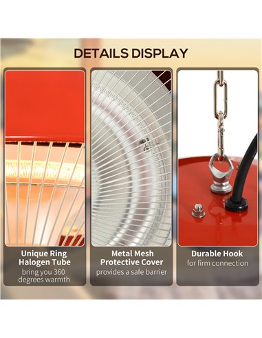 Outsunny 1500W Garden Electric Halogen Patio Heater Hanging Lamp Aluminum Outdoor Ceiling Mounted Heat Warmer - Red 842-081