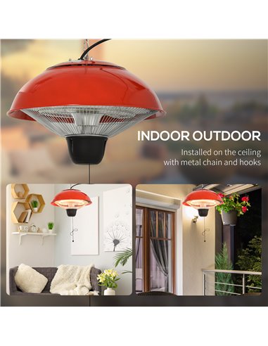 Outsunny 1500W Garden Electric Halogen Patio Heater Hanging Lamp Aluminum Outdoor Ceiling Mounted Heat Warmer - Red 842-081