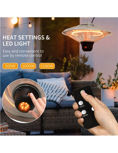 Outsunny 1500W Patio Heater Outdoor Ceiling Mounted Aluminium Halogen Electric Hanging Heating Light with Remote Control and 3 H