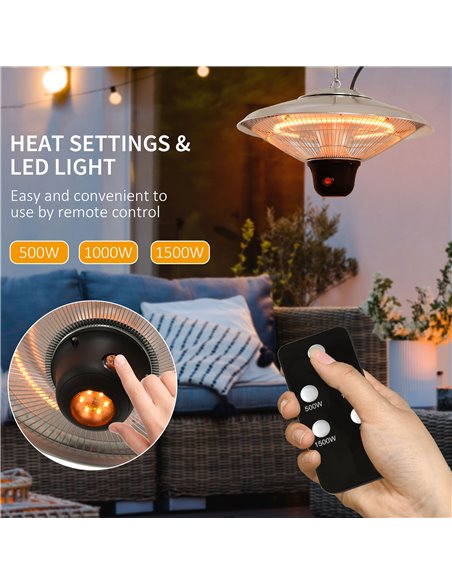 Outsunny 1500W Patio Heater Outdoor Ceiling Mounted Aluminium Halogen Electric Hanging Heating Light with Remote Control and 3 H - pic 47419 | FastDaddyshop