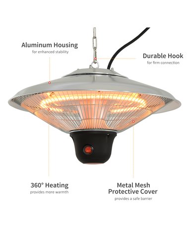 Outsunny 1500W Patio Heater Outdoor Ceiling Mounted Aluminium Halogen Electric Hanging Heating Light with Remote Control and 3 H