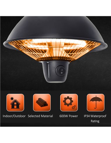 Outsunny 600W Electric Heater Ceiling Hanging Halogen Light with Adjustable Hook Chain Black Aluminium Frame 842-102