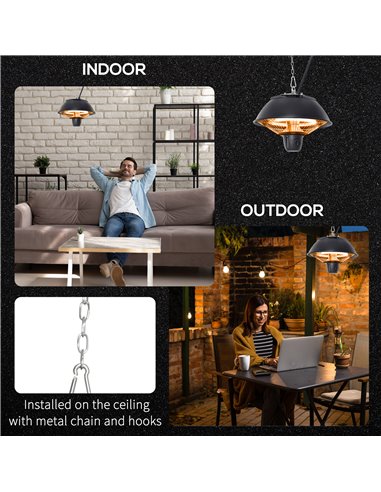 Outsunny 600W Electric Heater Ceiling Hanging Halogen Light with Adjustable Hook Chain Black Aluminium Frame 842-102