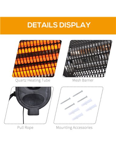 Outsunny 2kw Wall Mounted Infrared Electric Patio Heater Garden Outdoor Heating Warmer Waterproof 3 Power Settings Tilt Angle 84