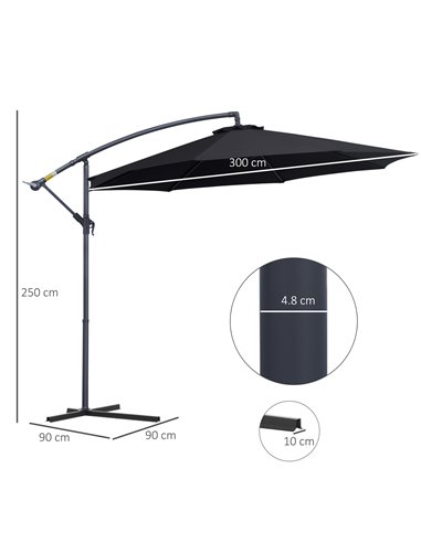Outsunny 3(m) Garden Cantilever Parasol Patio Banana Hanging Umbrella Sun Shade with Crank & Tilt, 8 Ribs and Cross Base, Black 