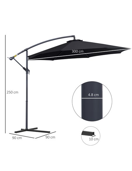 Outsunny 3(m) Garden Cantilever Parasol Patio Banana Hanging Umbrella Sun Shade with Crank & Tilt, 8 Ribs and Cross Base, Black  - pic 47652 | FastDaddyshop