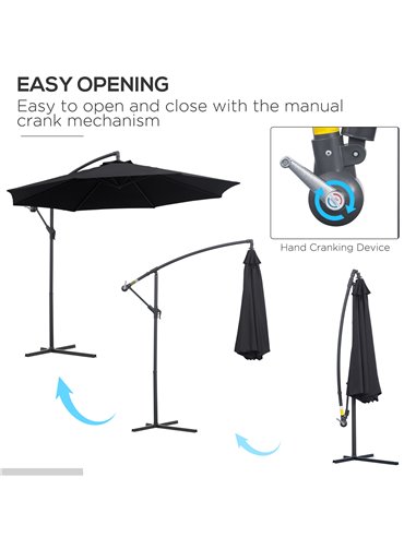 Outsunny 3(m) Garden Cantilever Parasol Patio Banana Hanging Umbrella Sun Shade with Crank & Tilt, 8 Ribs and Cross Base, Black 