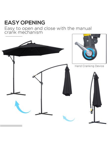 Outsunny 3(m) Garden Cantilever Parasol Patio Banana Hanging Umbrella Sun Shade with Crank & Tilt, 8 Ribs and Cross Base, Black  - pic 47653 | FastDaddyshop