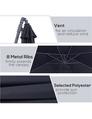 Outsunny 3(m) Garden Cantilever Parasol Patio Banana Hanging Umbrella Sun Shade with Crank & Tilt, 8 Ribs and Cross Base, Black 