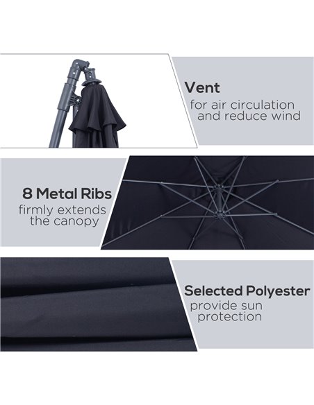 Outsunny 3(m) Garden Cantilever Parasol Patio Banana Hanging Umbrella Sun Shade with Crank & Tilt, 8 Ribs and Cross Base, Black  - pic 47655 | FastDaddyshop