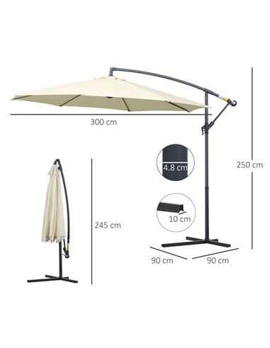 Outsunny 3(m) Garden Cantilever Parasol Patio Banana Hanging Umbrella Sun Shade with Crank & Tilt, 8 Ribs and Cross Base, Cream 