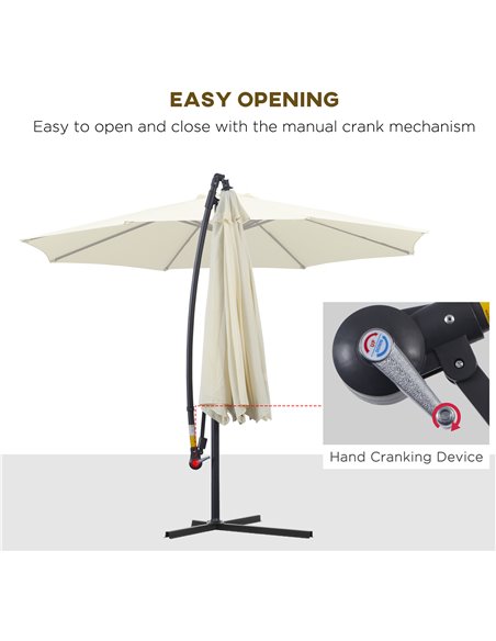 Outsunny 3(m) Garden Cantilever Parasol Patio Banana Hanging Umbrella Sun Shade with Crank & Tilt, 8 Ribs and Cross Base, Cream  - pic 47662 | FastDaddyshop