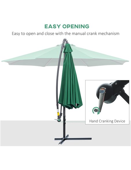 Outsunny 3(m) Garden Banana Parasol Hanging Cantilever Umbrella with Crank Handle and Cross Base for Outdoor, Sun Shade, Green 0 - pic 47671 | FastDaddyshop