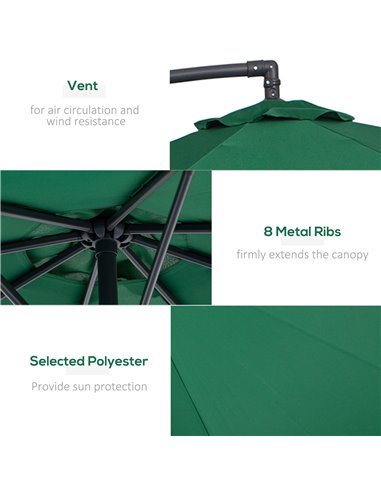 Outsunny 3(m) Garden Banana Parasol Hanging Cantilever Umbrella with Crank Handle and Cross Base for Outdoor, Sun Shade, Green 0