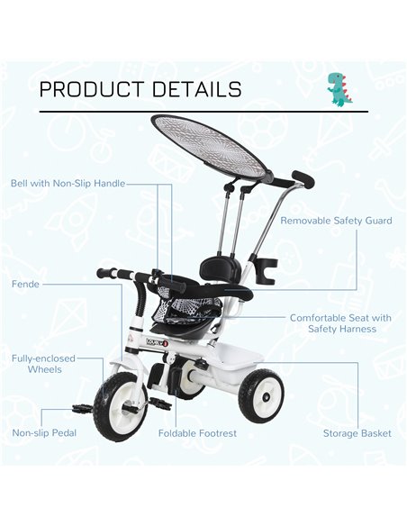 HOMCOM Baby Tricycle W/Handle-White/Black - pic 4769 | FastDaddyshop