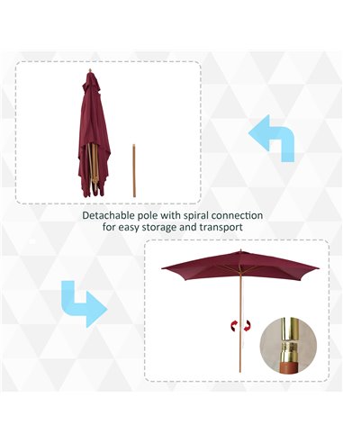 Outsunny 3m x 2m Wood Wooden Garden Parasol Sun Shade Patio Outdoor Umbrella Canopy New (Wine Red) 01-0581