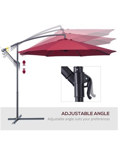 Outsunny 3(m) Garden Banana Parasol Hanging Cantilever Umbrella with Crank Handle and Cross Base for Outdoor, Sun Shade, Wine Re
