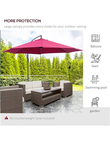 Outsunny 3(m) Garden Banana Parasol Hanging Cantilever Umbrella with Crank Handle and Cross Base for Outdoor, Sun Shade, Wine Re