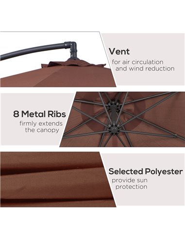 Outsunny 3 m Hanging Umbrella Parasol-Coffee 01-0585