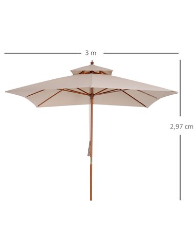 Outsunny Beige Parasol Patio 3x3M Double Tier Garden Sun Umbrella Sunshade Outdoor Wood Wooden Canopy Tier 840-026