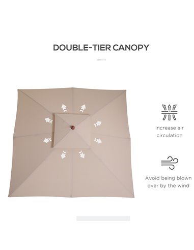 Outsunny Beige Parasol Patio 3x3M Double Tier Garden Sun Umbrella Sunshade Outdoor Wood Wooden Canopy Tier 840-026