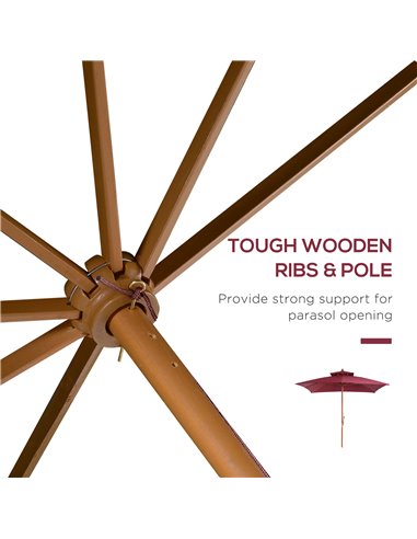 Outsunny 3m Patio Umbrella Bamboo Umbrella Parasol-Wine Red 840-116